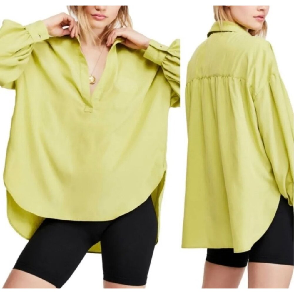 FP We The Free Love Until Tomorrow Poet Oversized  Hi-lo Button Up Shirt Green X